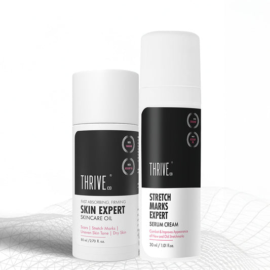 Thriveco Stretch Marks Expert Skincare Oil bottle, showing its premium packaging and texture.