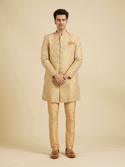 Manyavar Buttercup Yellow Conch Shell Patterned Kurta Set - view 3