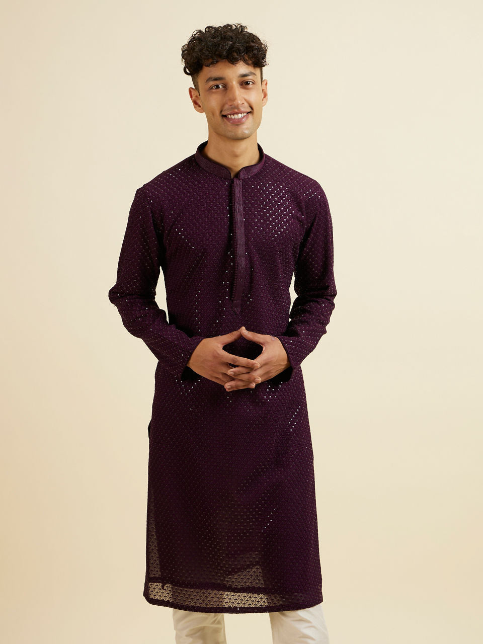 Manyavar Purple Self Patterned Mirror Work Kurta Set