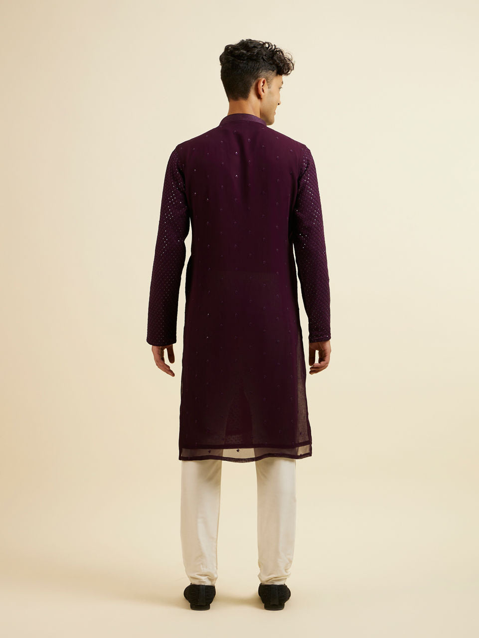 Manyavar Purple Self Patterned Mirror Work Kurta Set - view 5
