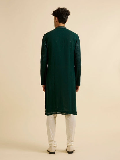Manyavar Dark Green Self Patterned Mirror Work Kurta Set - view 6