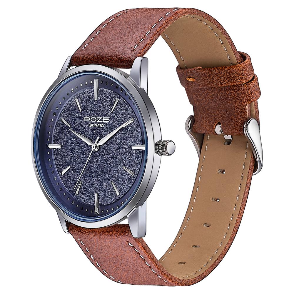 Sonata Poze Quartz Analog Blue Dial Leather Strap Watch For Men image 5