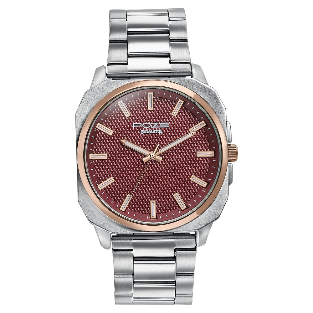 Sonata Poze Quartz Analog Red Dial Silver Metal Strap Watch For Men image 2