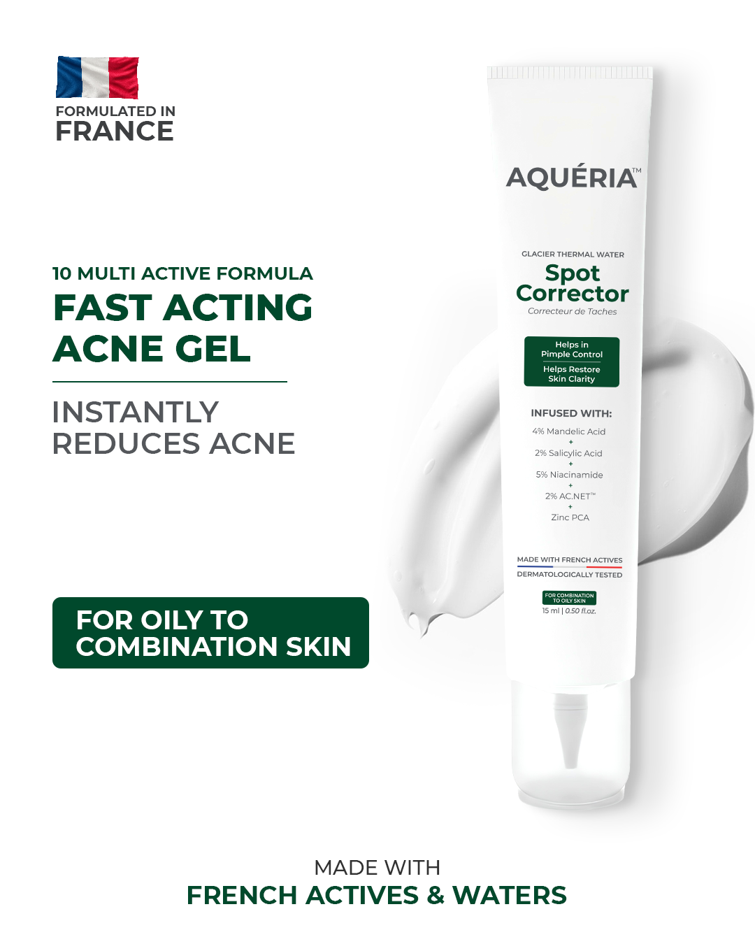 Close-up of Aqueria spot corrector's precise applicator for targeted blemish treatment.