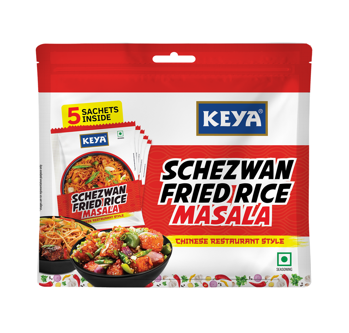 Keyafoods Keya Schezwan Fried Rice Masala multipack with 5 individual sachets, showcasing vibrant Chinese flavors.