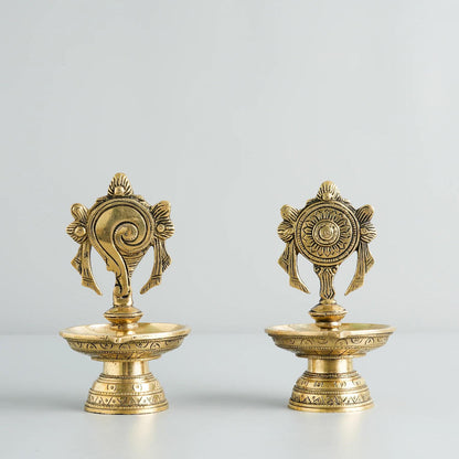 Samskara Home Shankha Chakra Brass Diya (Set Of 2)