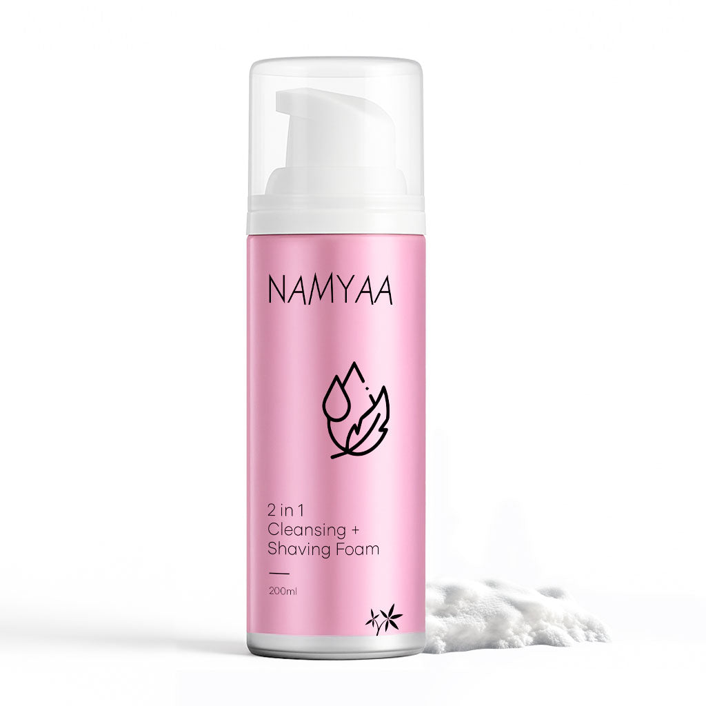 Namyaa Skincare Satinwhite Sensitive Shaving Foam bottle, designed for smooth, irritation-free shaving.
