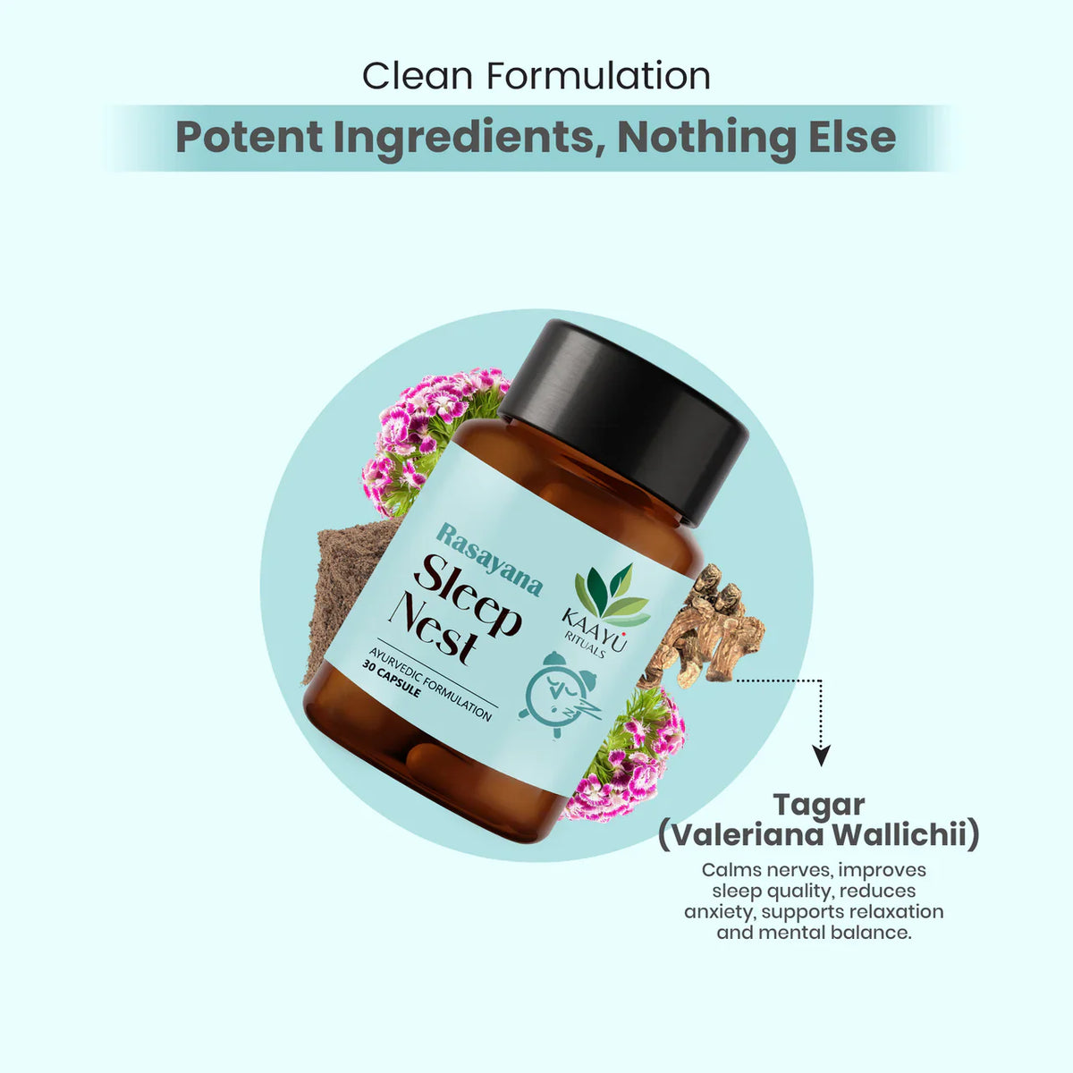 Kaayu Rituals Sleep Nest capsules bottle with a serene background, promoting natural sleep and relaxation. - Image 2