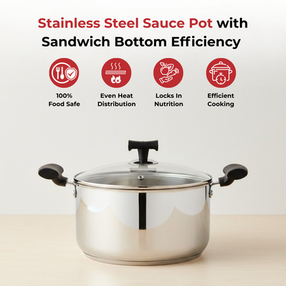 Vinod DONIV Stainless Steel Sandwich Bottom Solitaire Sauce Pot with Glass Lid & Side handle, Induction Friendly, Capacity 4.3 Liter (22cm) - view 3