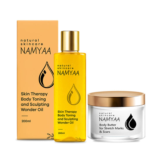 Namyaa Skincare Stretch Marks Care Combo with body butter and oil bottles, designed for intensive skin repair.