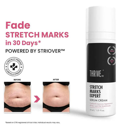 Thriveco Stretch Marks Expert Serum Cream bottle, designed for skin firmness, elasticity, and minimizing marks.