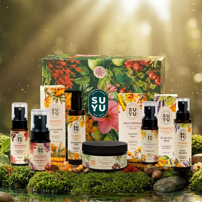 Suyu India Sunrise to Moonlight Glow Gift Box with various skincare products, depicting a complete AM-PM routine.