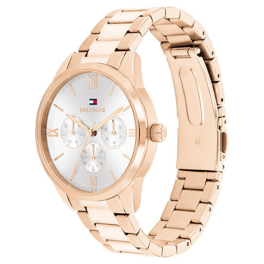 Tommy Hilfiger Multifunction Silver Dial Rose Gold Color Stainless Steel Strap Watch For Women
