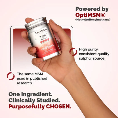Chosen TOR Bright OptiMSM Methylsulfonylmethane MSM vegan supplement bottle, with capsules visible. - Image 5