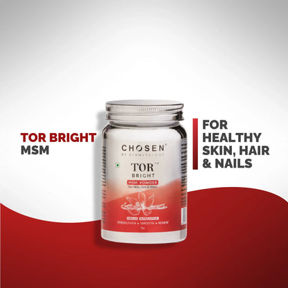 Chosen TOR Bright OptiMSM Methylsulfonylmethane MSM vegan supplement bottle, with capsules visible.