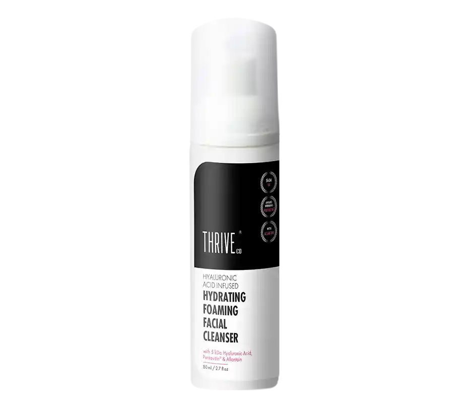 Thriveco Hydrating Foaming Facial Cleanser bottle with a pump, featuring a clean, minimalist design against a soft - Image 2