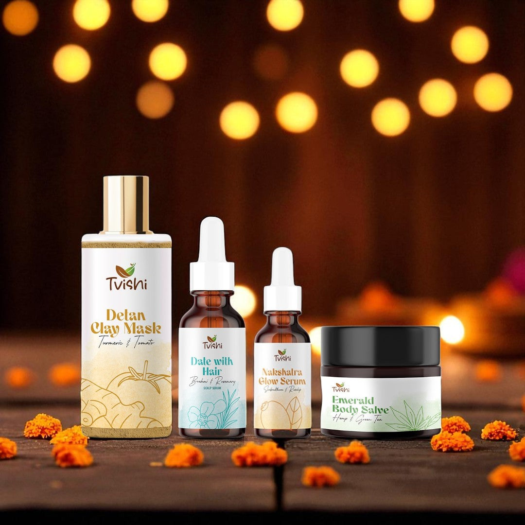 Tvishi Skincare TIMELESS GLOW set featuring scalp concentrate, glow serum, detan clay mask, and body butter salve.