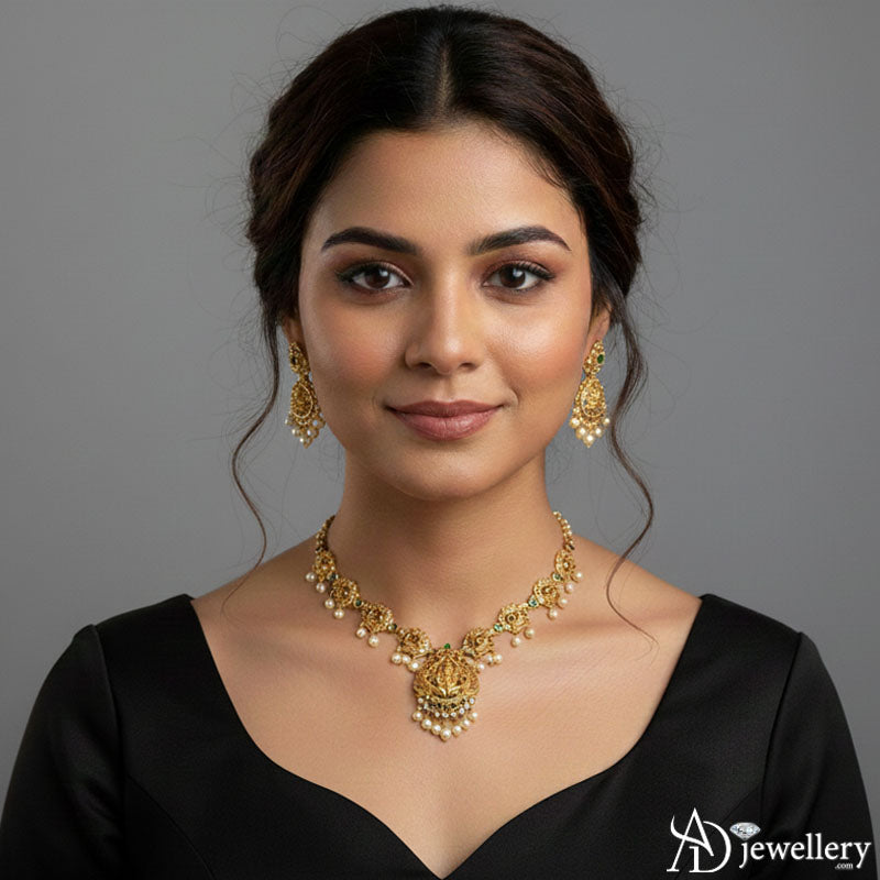 Front view of the Lakshmi Devi temple necklace and earrings set.