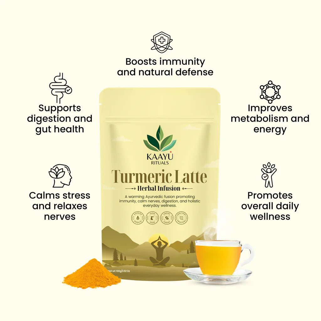 Kaayu Rituals Turmeric Latte Golden Milk powder in a jar with a prepared golden drink in a mug. - Image 3