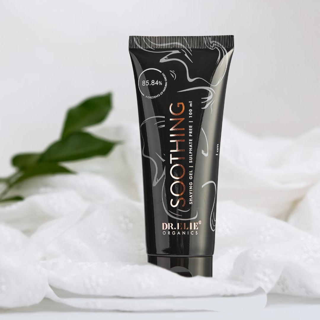 Dr. Elie Organics Soothing Shaving Gel bottle, featuring natural ingredients for a comfortable and irritation-free shave.