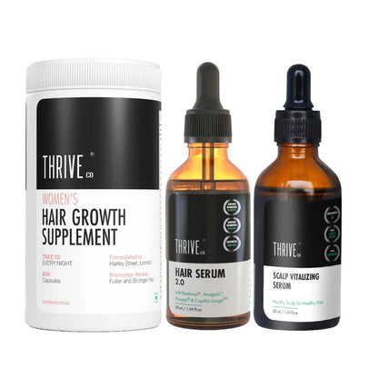 ThriveCo Women's Hair Growth Solution set including supplements, hair growth serum, and scalp vitalizing serum.