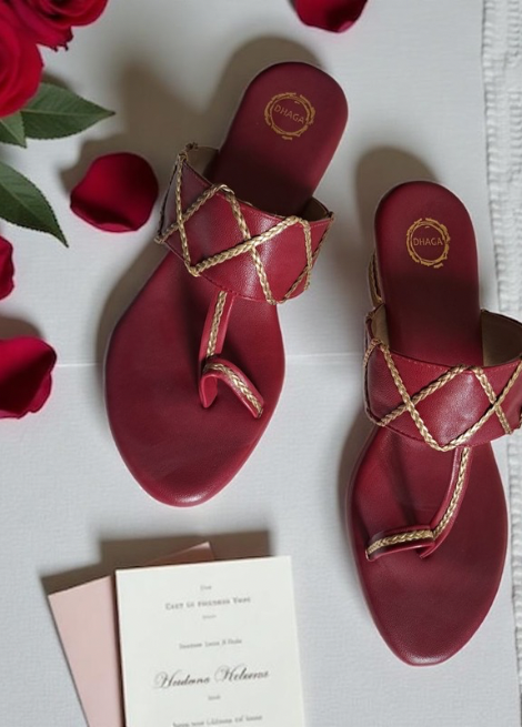 Dhaga Crimson Charm Maroon and Gold Block Heel Kolhapuri for women