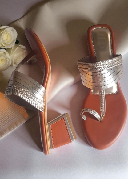 Dhaga Blush Beam Silver Block Heel Kolhapuri Heels for Women
