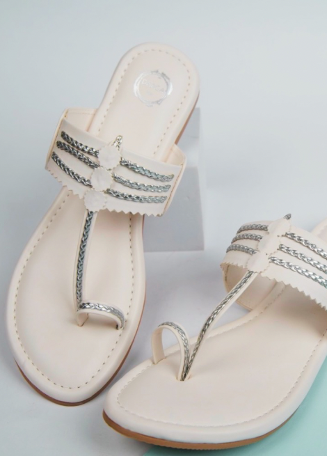 Dhaga White Braided Flat Kolhapuri Chappal for Women