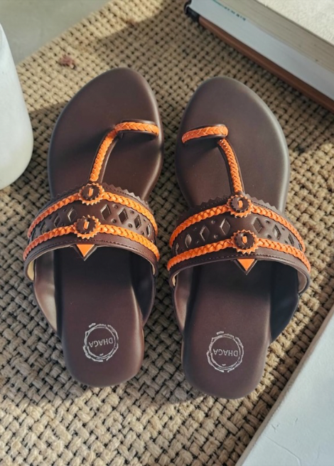 Dhaga Mocha Weave Brown and Orange Flat Kolhapuri for Women