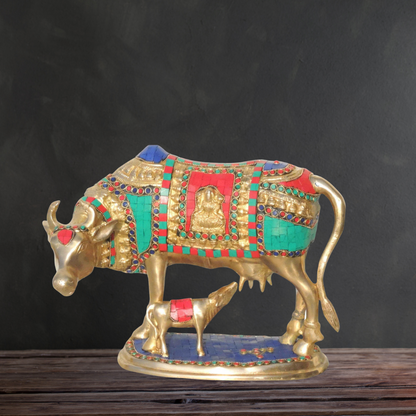 Brass Cow With Calf Stone Statue 8.44Kg - PUSHMYCART