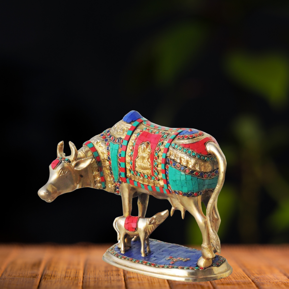 Brass Cow With Calf Stone Statue 8.44Kg - PUSHMYCART