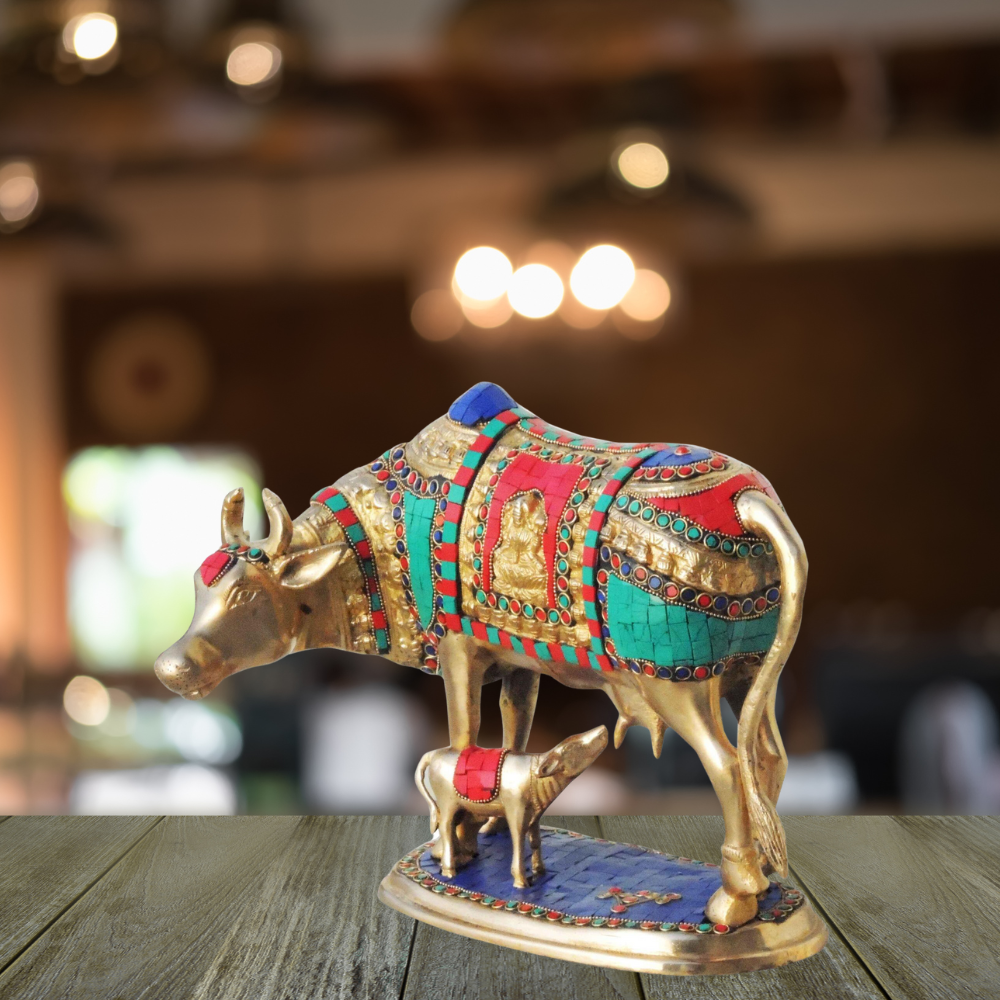 Brass Cow With Calf Stone Statue 8.44Kg - PUSHMYCART