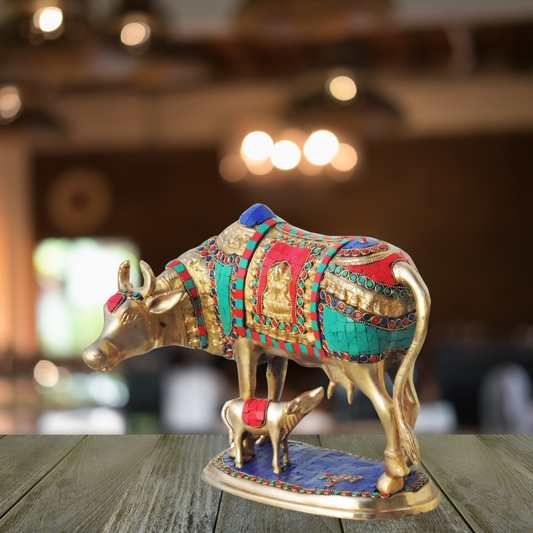 Brass Cow With Calf Stone Statue 8.44Kg - PUSHMYCART