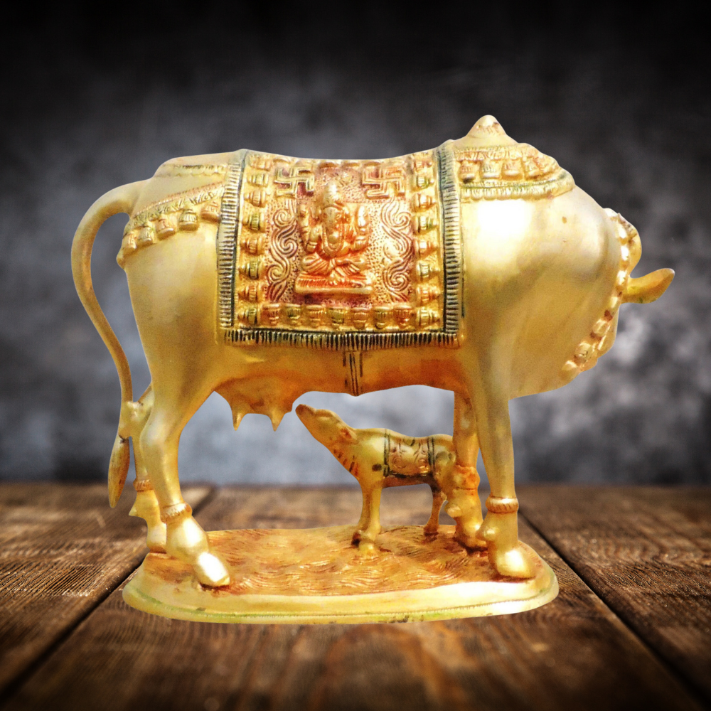 Brass Cow With Calf Statue 7.52kg - PUSHMYCART