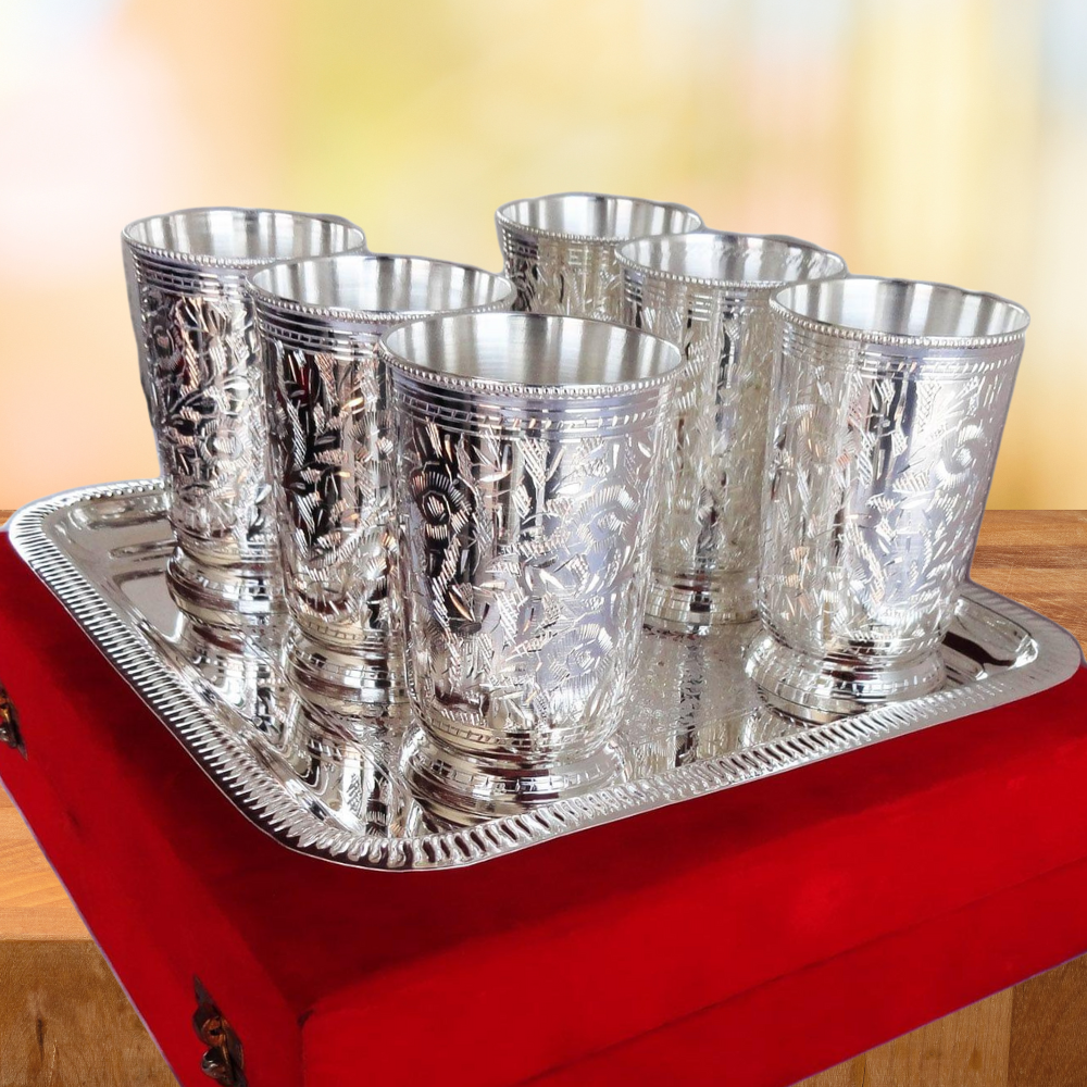 Brass 6 Glass set with tray 1.66kg - PUSHMYCART