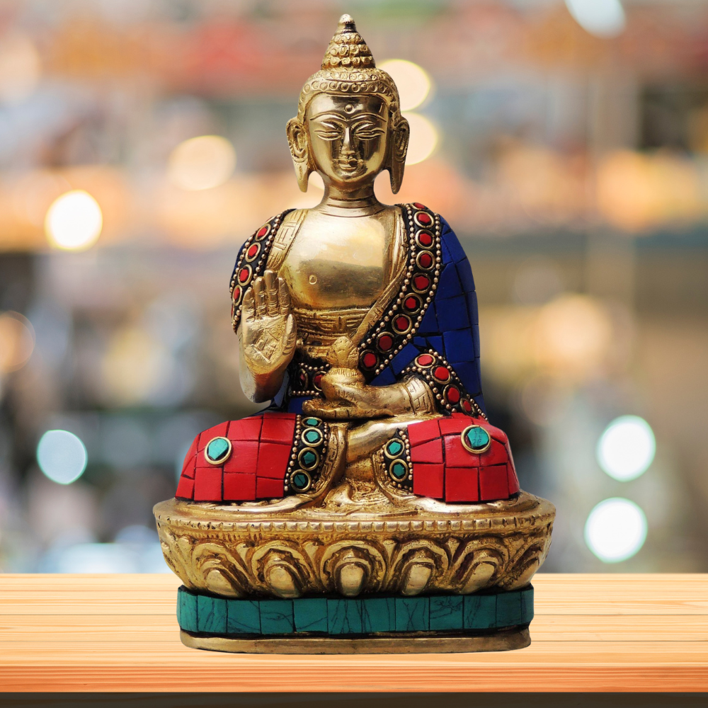 Brass Budha Statue With Turquoise Coral 1.138Kg - PUSHMYCART