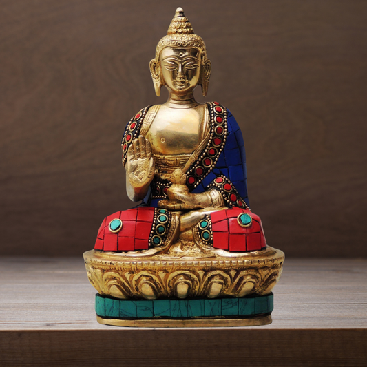 Brass Budha Statue With Turquoise Coral 1.138Kg - PUSHMYCART