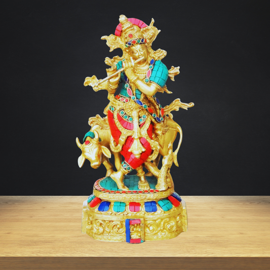 Brass Cow Krishna Stone Idol 5.086Kg - PUSHMYCART