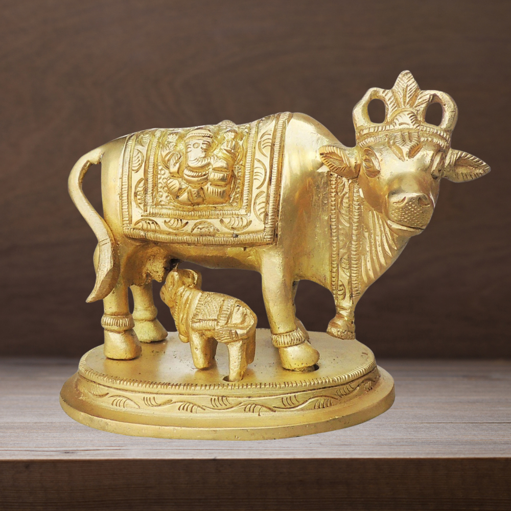 Brass Cow With Calf Statue 0.88Kg - PUSHMYCART
