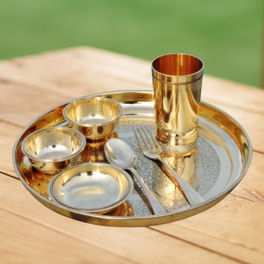 Pure Brass Thali Set 7 Pcs 1.12Kg - PUSHMYCART