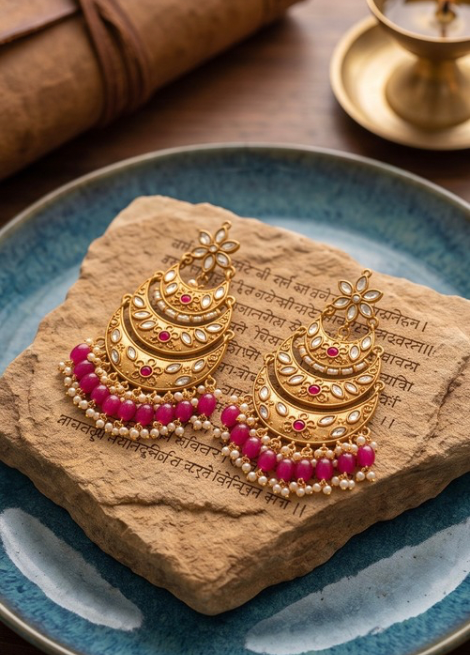 Dhaga Gulzaar Pink and Gold Chandelier Statement Earrings