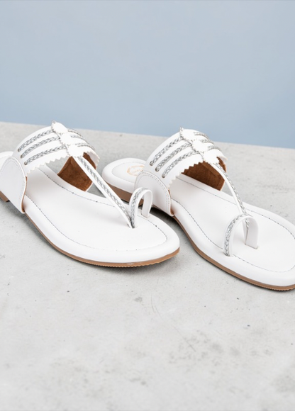 Dhaga White Braided Flat Kolhapuri Chappal for Women