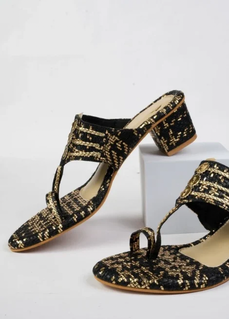 Dhaga Noir Gold Weave Black and Gold Block Heel Kolhapuri for Women