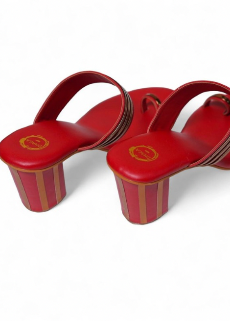 Dhaga Mystical Red Red and Gold Block Heel Kolhapuri Heels for Women