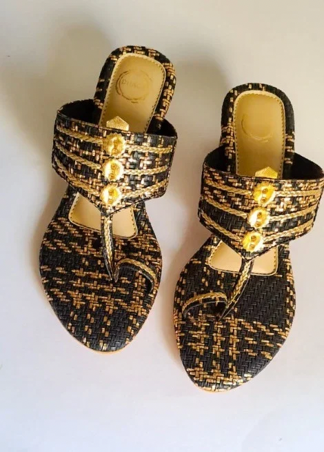 Dhaga Noir Gold Weave Black and Gold Block Heel Kolhapuri for Women