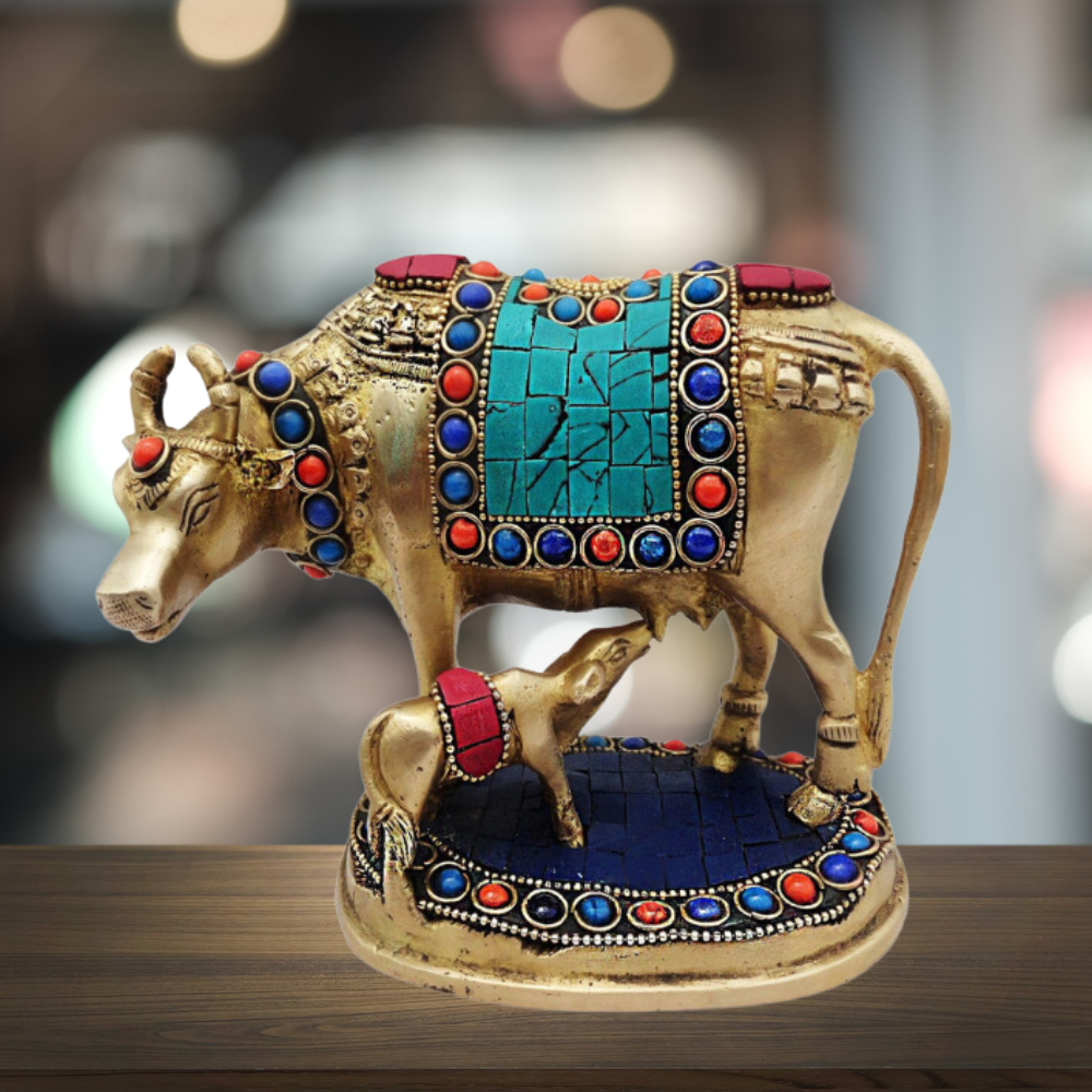 Brass Gaye Bachdha Stone Statue 1.652Kg - PUSHMYCART