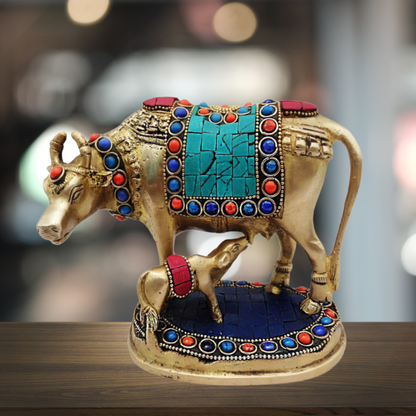 Brass Gaye Bachdha Stone Statue 1.652Kg - PUSHMYCART