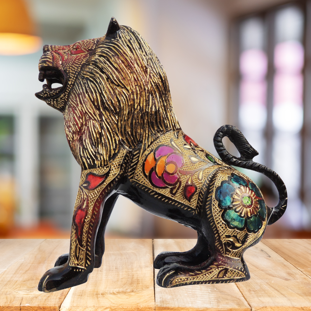 Brass Showpiece Lion Black Meena 2.76kg - PUSHMYCART