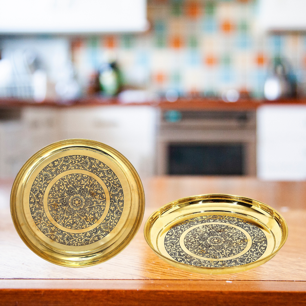 Brass Thali Embossed Design 0.66Kg - PUSHMYCART
