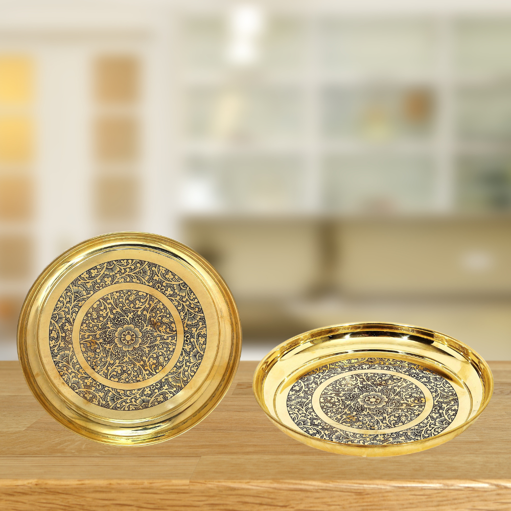 Brass Thali Embossed Design 0.66Kg - PUSHMYCART